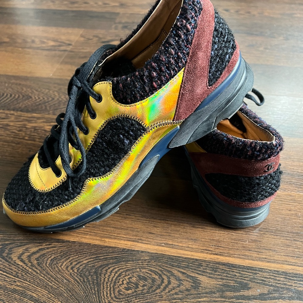 CHANEL Iridescent Gold and Black Sneakers